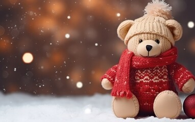 Knitted bear toy on Christmas background with space for copy. Generative AI