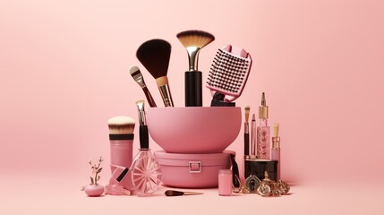 Beauty set collection make up equipment isolated pink background. AI generated - obrazy, fototapety, plakaty