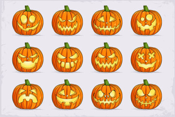 Hand drawn collection of Halloween pumpkins carved faces, Scary and funny faces of jack o' lantern