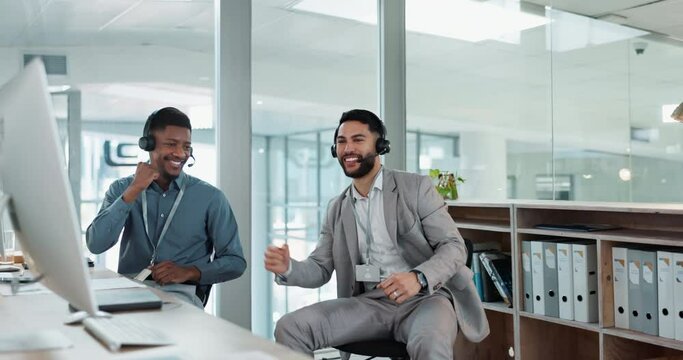Businessman, call center and team celebrate winning, success or promotion for customer service at office. Excited man, consultant or fist bump victory, target or sale for online advice or contact us