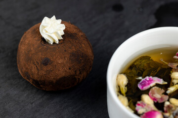 chocolate cake potatoes on the table