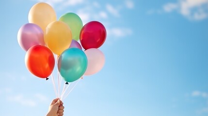 Collection of colorful flying balloons filled with helium isolated on sky background. AI generated