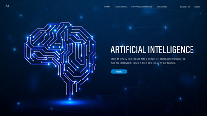A web banner with a neon halogen brain from neural networks for artificial intelligence AI in blue with text.