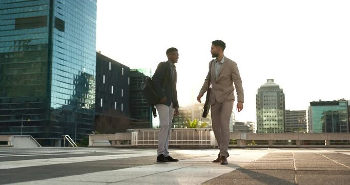 Partnership, walking or business people shaking hands in city for project agreement or b2b deal. Teamwork, outdoor handshake or men meeting for a negotiation, offer or networking opportunity together