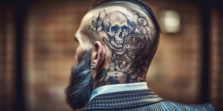 Bearded businessman with tattoo on his head. Brutal and mature man in gangster style with skull tattoo
