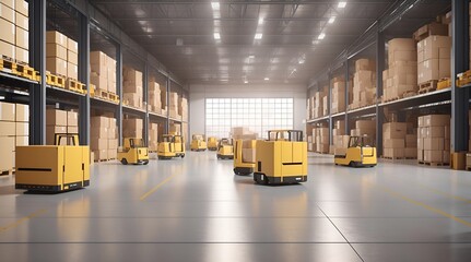 倉庫で小包と在庫を輸送する自律ロボット、工場の自動化｜Autonomous robots transporting parcels and inventory in warehouses, factory automation. Generative AI - obrazy, fototapety, plakaty