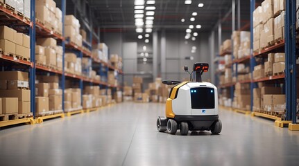 倉庫で小包と在庫を輸送する自律ロボット、工場の自動化｜Autonomous robots transporting parcels and inventory in warehouses, factory automation. Generative AI - obrazy, fototapety, plakaty