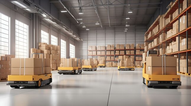 倉庫で小包と在庫を輸送する自律ロボット、工場の自動化｜Autonomous robots transporting parcels and inventory in warehouses, factory automation. Generative AI
