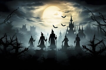 Mystery of the Night: Gothic Mansion with Witch Silhouettes
