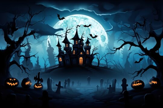 Midnight Magic: Gothic Mansion with Witchy Silhouettes
