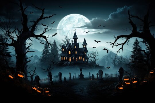 Moonlit Spellbinding: Gothic Mansion with Witch Silhouettes
