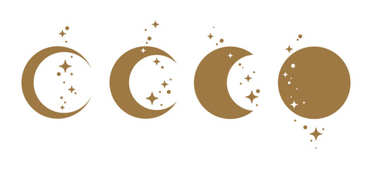 A set of gold moon and sparkling starlight illustrations of various shapes. The moon has the shape of a crescent, half, or full moon.