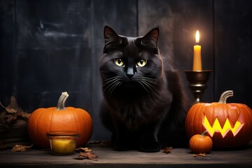 Eerie Companions: Black Cat and Haunting Pumpkin
