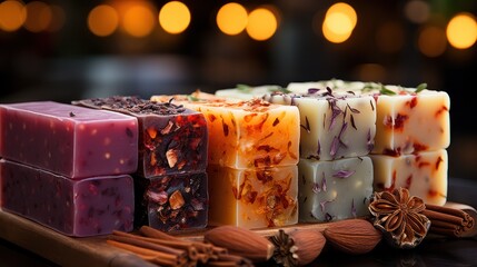 Fototapeta na wymiar handmade soap bars with herbs and natural additives. spa products and self-care. 
