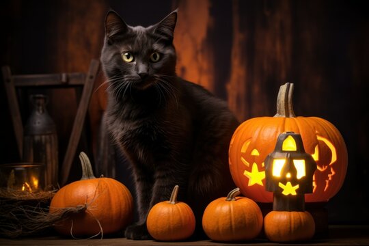 Midnight Mischief: Black Halloween Cat and Haunted Pumpkin
