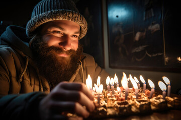 A man gathers to light the menorah on Hanukkah