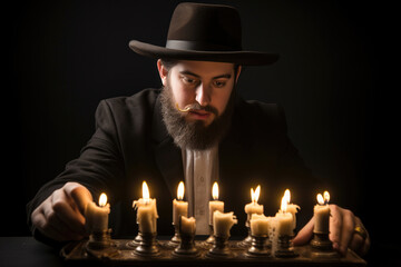 Hanukkah menorah candles are lit by a man, symbolizing the holiday's significance - obrazy, fototapety, plakaty