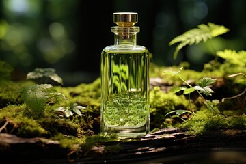 Obraz na płótnie Canvas glass bottle with green liquid on moss-covered stones against the background of nature and forest. 