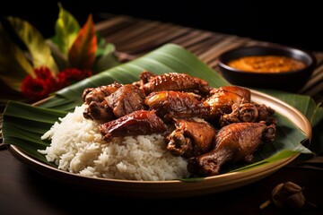 Dive into the culinary allure of a plate generously filled with Chicken Adobo. Browned chicken...