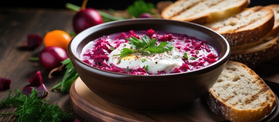 Top view of healthy chlodnik soup a beetroot and kefir dish from Polish Belarusian and Russian cuisine adorned with a sliced egg on a wooden board - obrazy, fototapety, plakaty