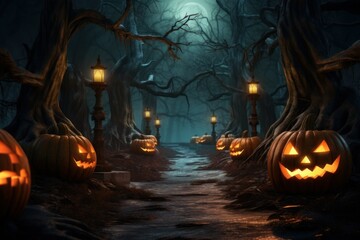 Fototapeta na wymiar Eerie Halloween Scene: Pumpkin Head, Spooky Forest, and Full Moon 