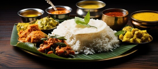 Onam Sadya Keralas vegetarian meal served on banana leaf on Festival day in Kerala India - obrazy, fototapety, plakaty