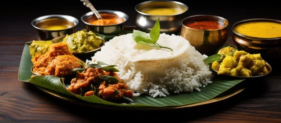 Poster Onam Sadya Keralas vegetarian meal served on banana leaf on Festival day in Kerala India © TheWaterMeloonProjec