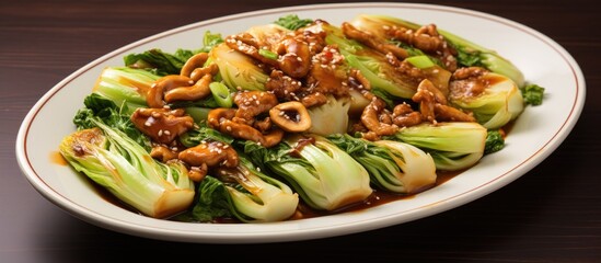 Baby Chinese cabbage in oyster sauce with Shitake mushrooms and fried garlic - obrazy, fototapety, plakaty