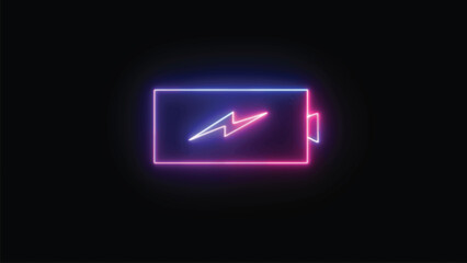 Neon battery icon. Electric accumulator isolated with blue and purple neon hues and a neon charge battery indication. UI design symbol, icon, or sign that glows. Vector art.
