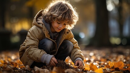 Child playing with leaves in autumn. Generated with AI. - obrazy, fototapety, plakaty