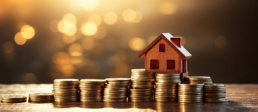 Using a transparent calculator stack coins against the sunrise to calculate monthly house loan installments or EMIs