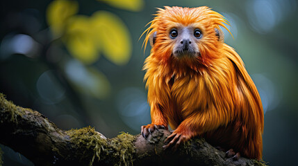 An Golden lion tamarin sitting on a tree in one of the few remaining patches of Atlantic rainforest 