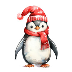 Fototapeta premium Watercolor penguin in Santa hat and red scarf, Christmas art on a transparent background