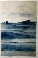 minimal horizon landscape painting in indigo ink with Gum bichromate on Fabriano paper abraded highly detailed  - obrazy, fototapety, plakaty