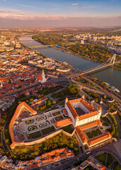 aerial photos of bratislava castle with sunset colors