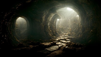 underground ancient tunnel alien writings octane render unreal engine photorealistic intricate  - obrazy, fototapety, plakaty