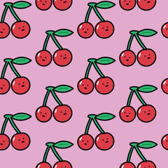 cute big doodle Cherry vector pattern on pink background For print, wrapping paper, packaging, web, fabric, textile, fruit shops