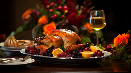 Capture the warmth and tradition of a Thanksgiving feast, focusing on a beautifully set dining table adorned with a bountiful harvest of seasonal fruits, vegetables, and a succulent turkey