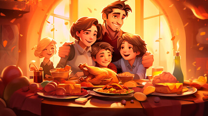 Capture the warmth and tradition of a Thanksgiving feast, focusing on a beautifully set dining table adorned with a bountiful harvest of seasonal fruits, vegetables, and a succulent turkey