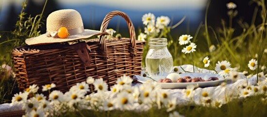 Romantic picnic on a chamomile field with fruit an eco picnic on grass with a straw basket and organic linen