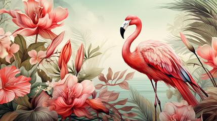 llustration of tropical wallpaper design with exotic leaves and flowers. Hummingbird and flamingos. Paper texture background. Seamless texture. - obrazy, fototapety, plakaty