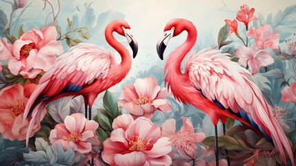 llustration of tropical wallpaper design with exotic leaves and flowers. Hummingbird and flamingos. Paper texture background. Seamless texture.