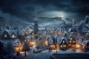 Cute Christmas village with snow-covered roofs and streets - obrazy, fototapety, plakaty