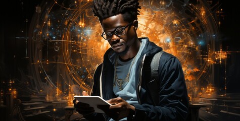 A person using a digital device surrounded by data. Generative AI.