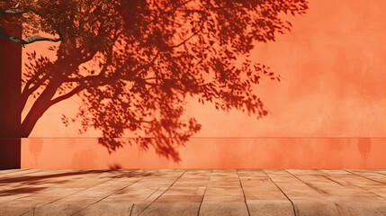 Naklejka na ściany i meble Tree shadow on terracotta red brown orange house wall and sidewalk. Exterior street outdoor. Background. Space for product design object. Moskup stage template presentation. Plant leaves nature.