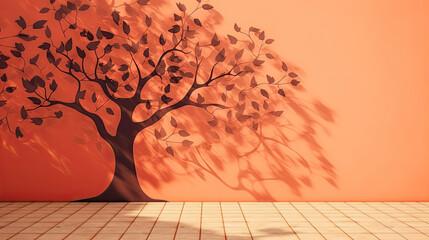 Tree shadow on terracotta red brown orange house wall and sidewalk. Exterior street outdoor. Background. Space for product design object. Moskup stage template presentation. Plant leaves nature. - obrazy, fototapety, plakaty