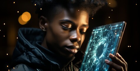 A person using a digital device surrounded by data. Generative AI.