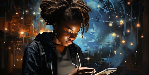 A person using a digital device surrounded by data. Generative AI.