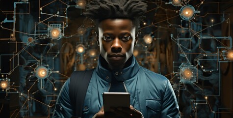 A person using a digital device surrounded by data. Generative AI.