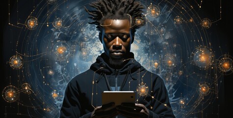 A person using a digital device surrounded by data. Generative AI.